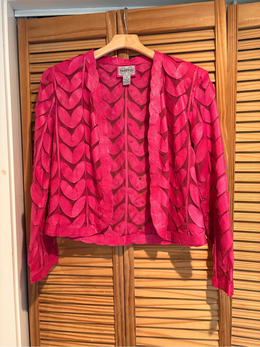 Natto Pink Lamb Leather Leaf and Mesh Open-Front Cardigan Jacket Bolero Boho
